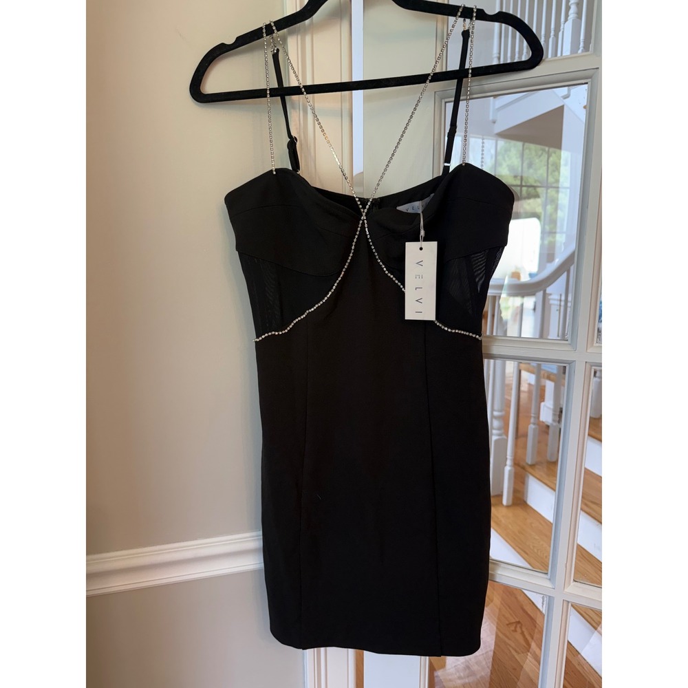 Velvi Black Rhinestone Chain Mesh Panel Bodycon Mini Dress Cocktail LARGE NWT